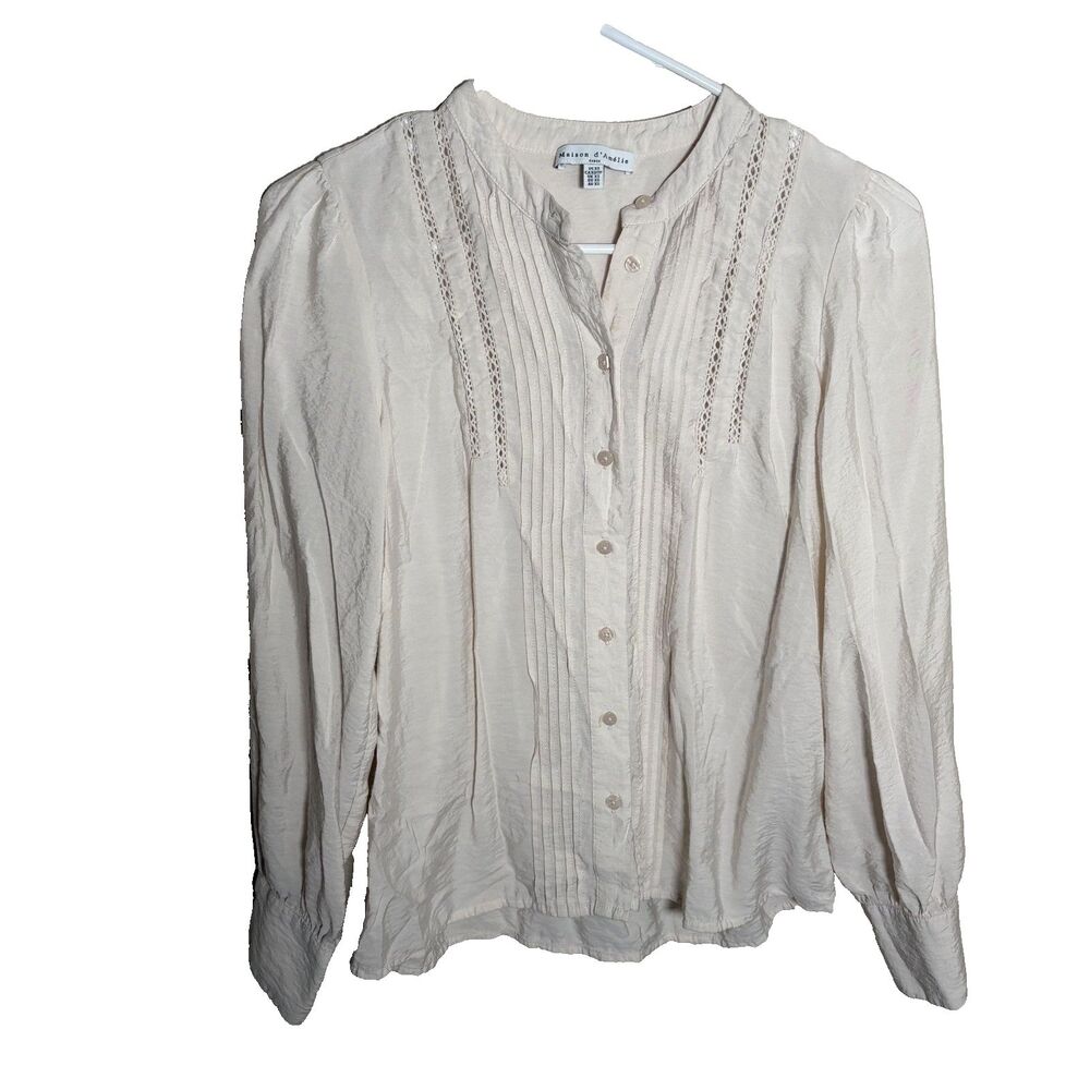 Maison d'Amelie Shirt Women's XS Beige Button Up Pleated Long Sleeve Cottage
